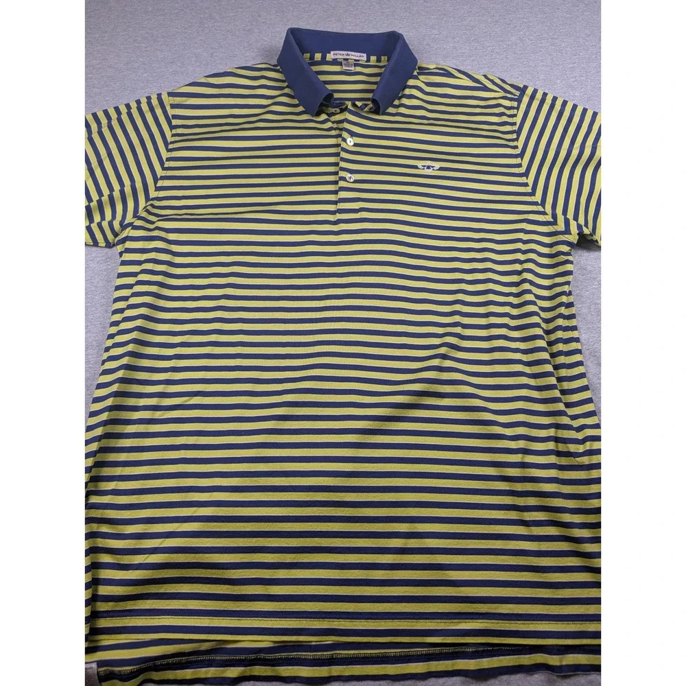 Peter Millar Mens XL Polo Shirt Green Navy Blue Striped Cotton MF16K03